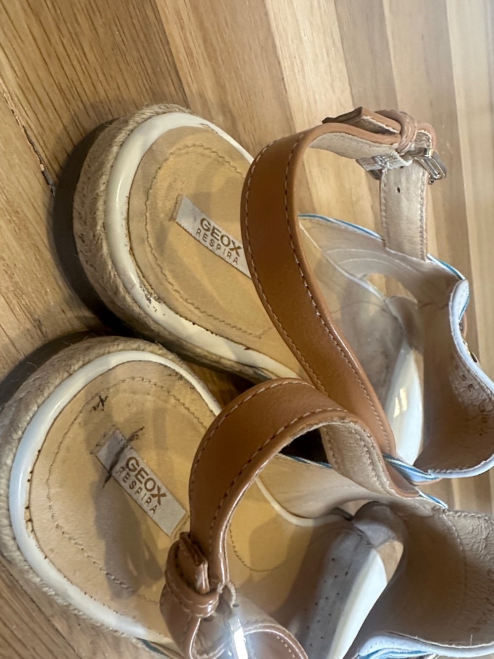 Geox White, Light Blue & Tan Slingback Sandals with Metal Accent - Picture 6 of 8